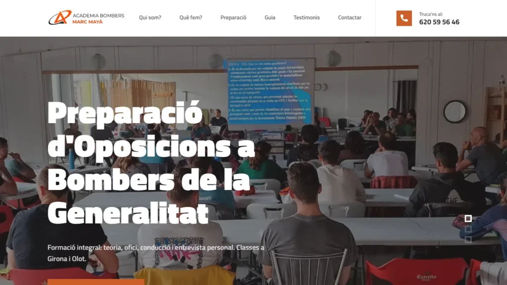 Captura de la web one page de Acadèmia Marc Mayà (mayabombers.com), diseñada por Websden
